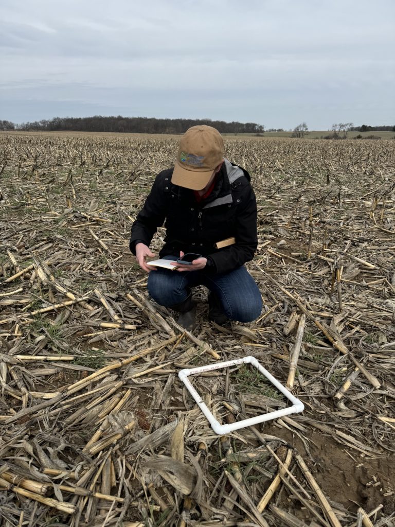 A person kneels in a farm field and writes down notes on a clipboard.