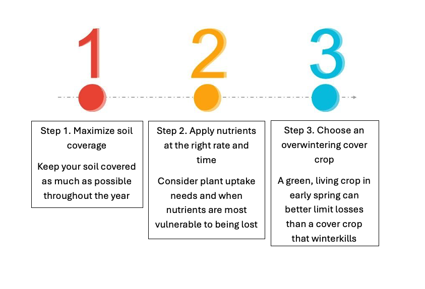 Steps to improve soil health: 1. Maximize soil coverage, 2. Apply nutrients wisely, 3. Use overwintering cover crops.