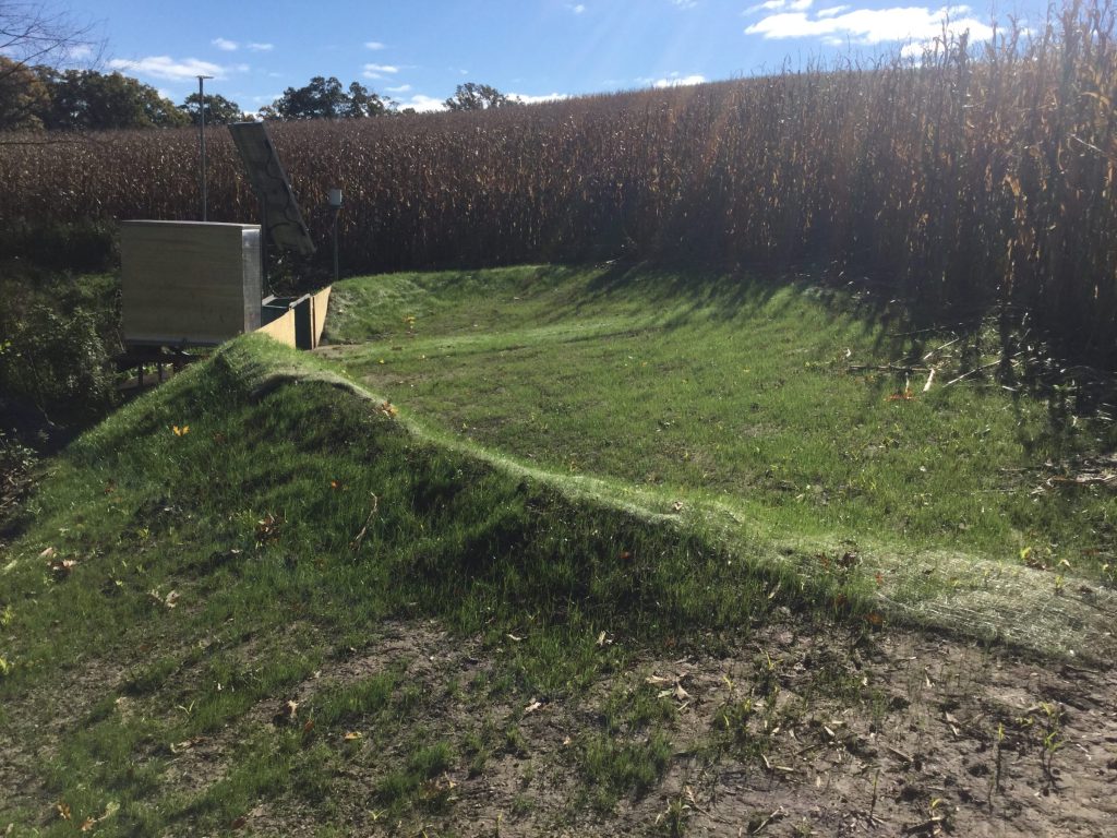 A berm at the edge of a corn field that directs water into the flume.
