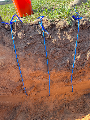 Three blue cords extend vertically into a soil profile from the surface.
