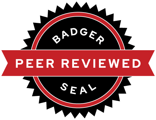 Black badge with red ribbon over top. Text saying Badger Peer Reviewed Seal