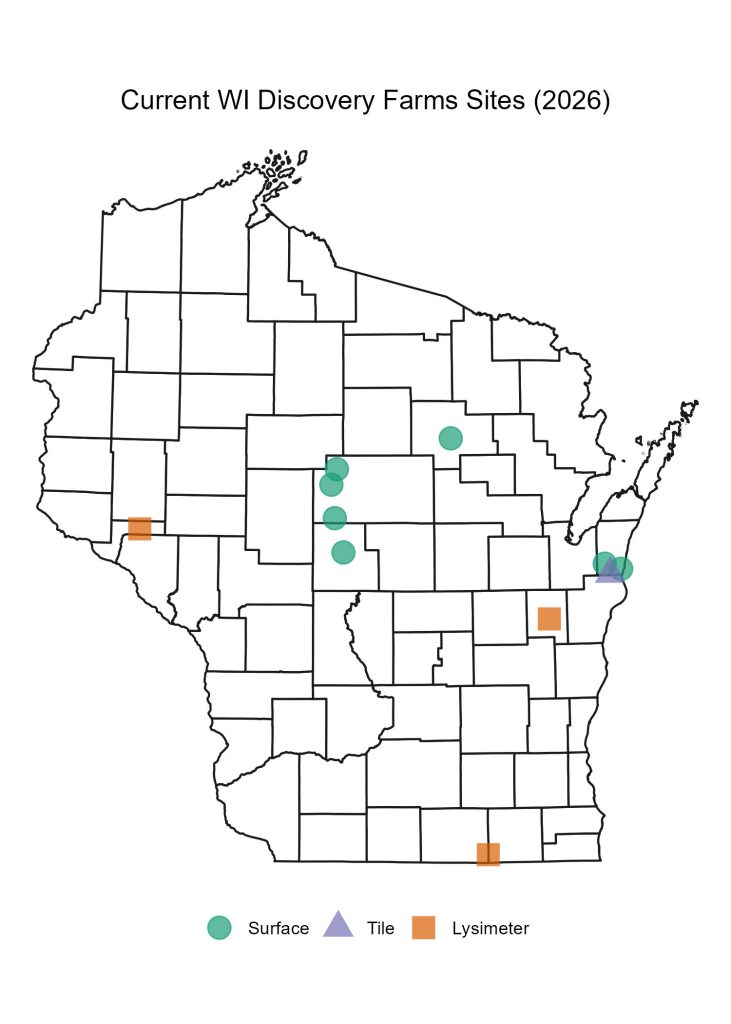 Map of Wisconsin with points on the 11 current Discovery Farms sites. 