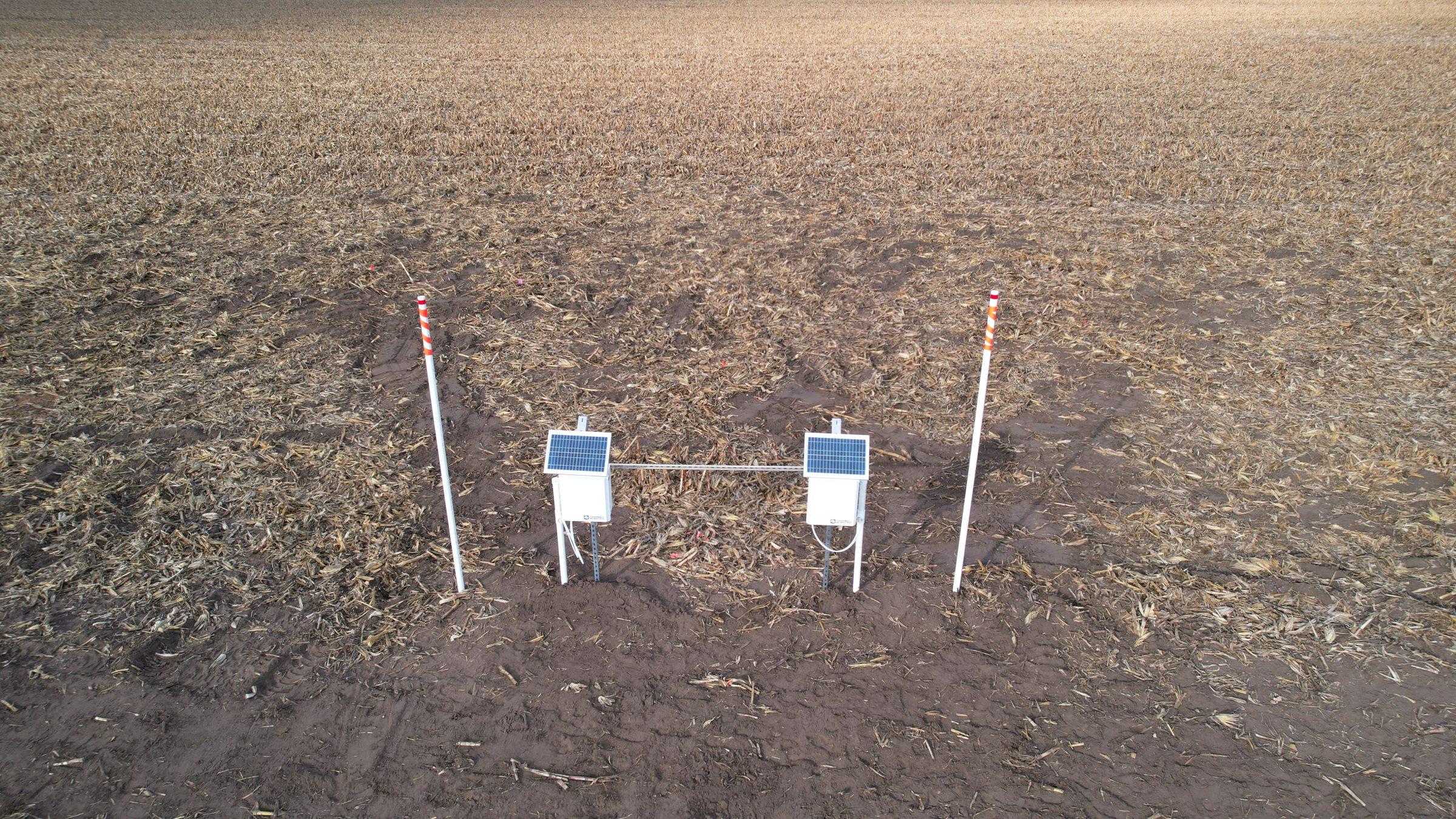 Solar-powered soil monitoring sensors with striped marker poles in tilled agricultural field