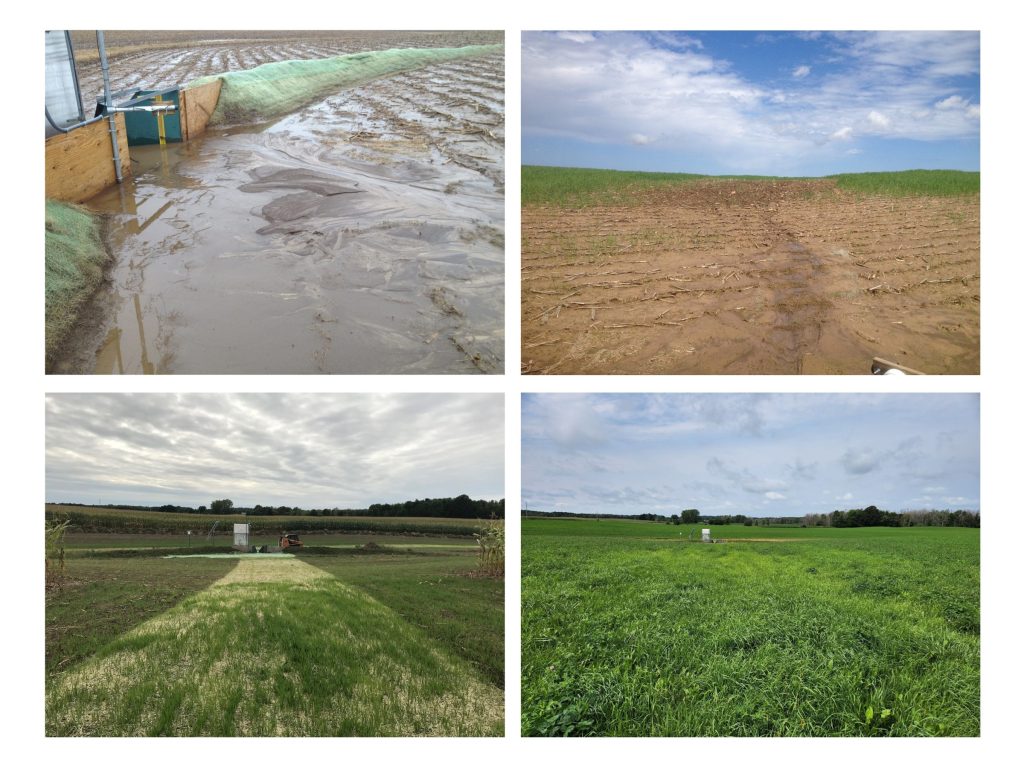 Four photos before and after a grassed waterway was installed.